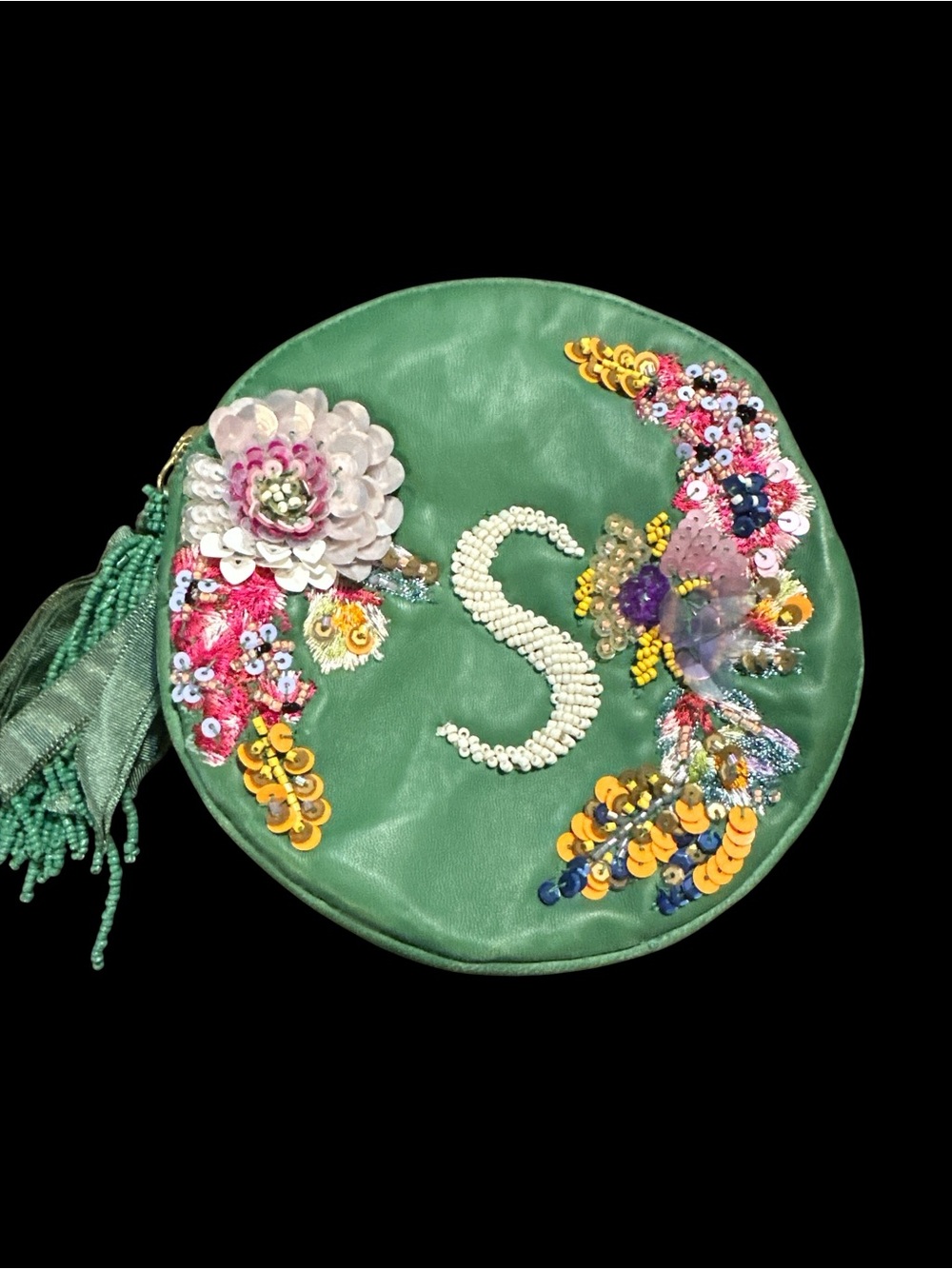 Anthropologie Green Beaded Floral Initial Round Crossbody